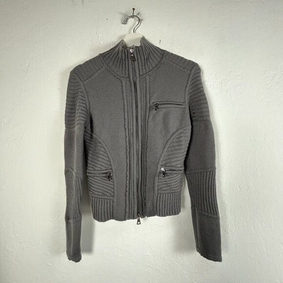 Diane Von Furstenberg Womens Gray Wool Ribbed Full-Zip Cardigan Sweater Small - Picture 1 of 9